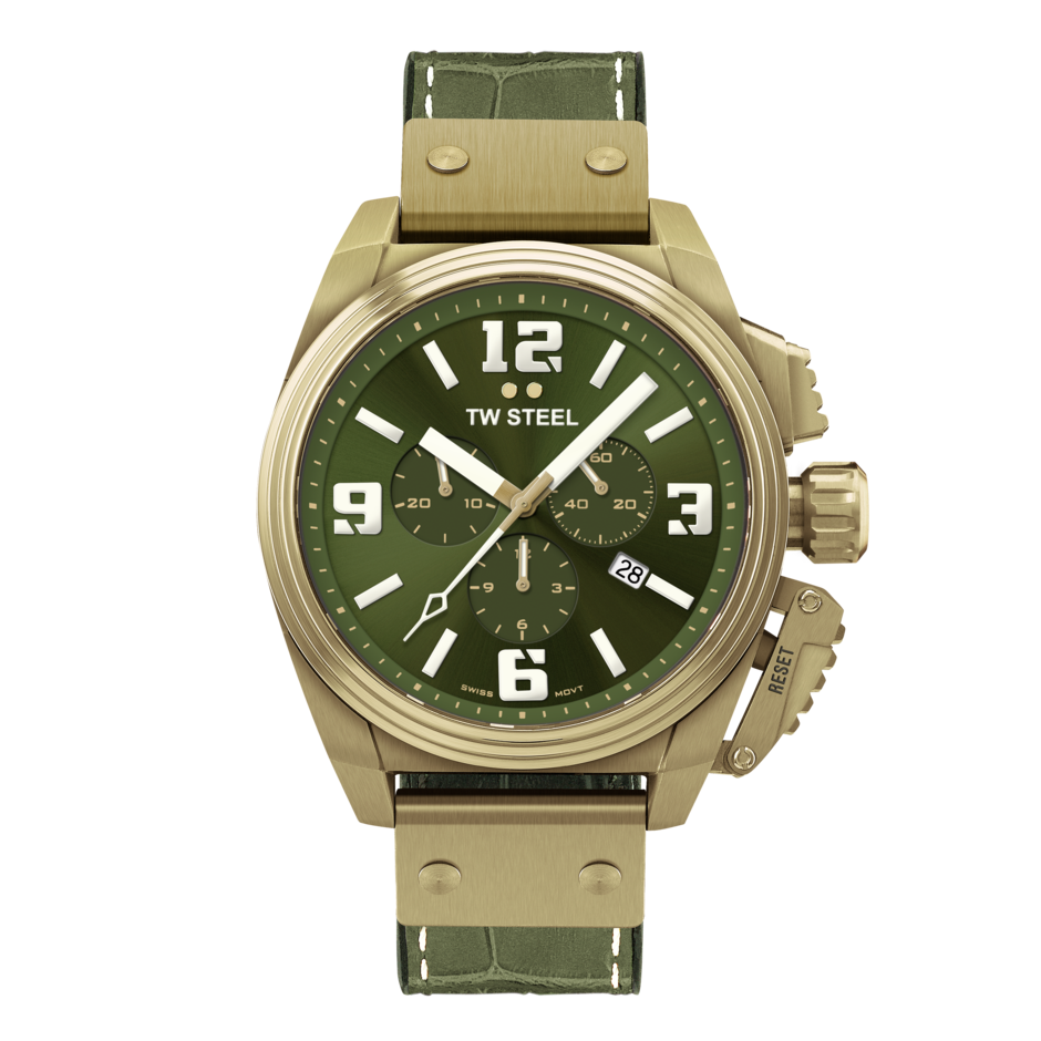 Terug van weggeweest de De TW Steel canteen. Een zwitserse chronograaf en saffier glas een olijfgroene croco band en een brons gouden kast. 3 jaar garantie