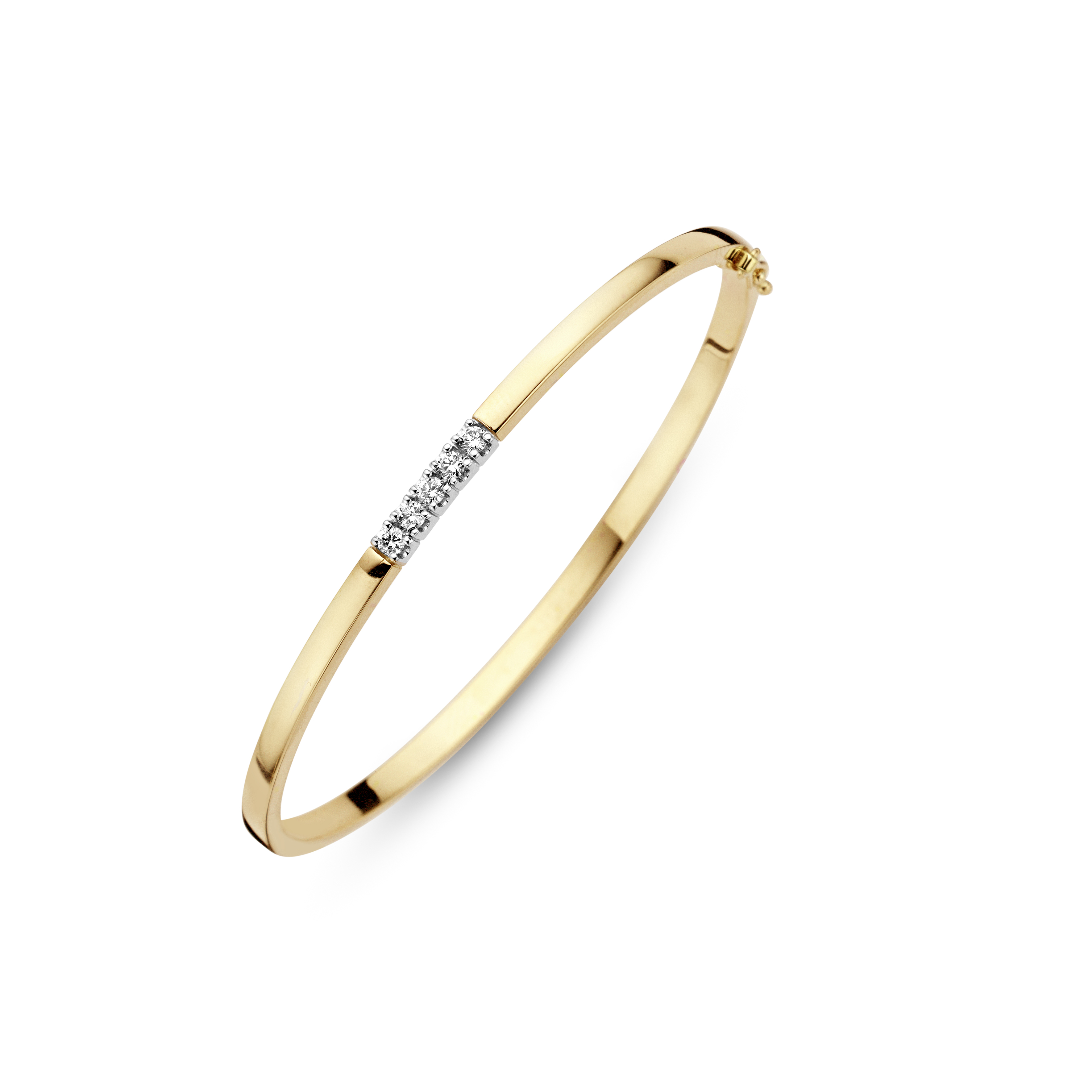 14 karaats gouden bangle met briljant. Deze armband uit de 
memoria collectie kan al worden geleverd met 1 steen 
en er is tevens de mogelijkheid om later stenen bij te plaatsen.
Armband zoals afgebeeld is gezet met 5x0.05 crt
