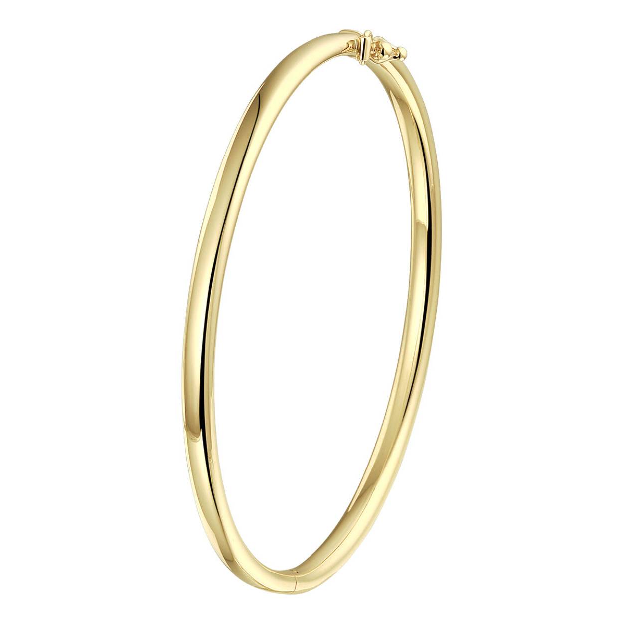 De bangle is gemaakt van 14 karaats geelgoud en voorzien van een massief zilveren kern. De breedte is 4 mm en de diameter 61 mm.
Ook verkrijgbaar in diverse andere maten.