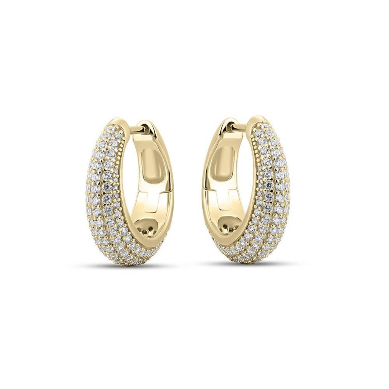 Luxe zilveren oorringen goldplated met zirkonia's pavé gezet 
diameter 18 mm
breedte 6 mm