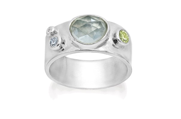 Rabinovich zilveren ring met blauwe kwarts, peridoot, topaas en zirconia, maat 56
