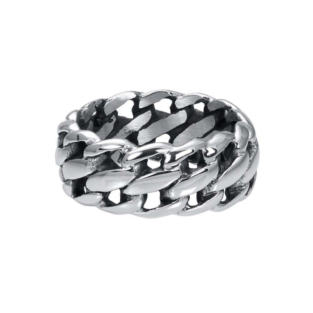 De iXXXi Men single ring Dodge is gemaakt van stainless steel en is voorzien van een mat zilverkleurige uitvoering. De solitaire ring is een brede ring met een gevlochten design rondom de gehele ring.
