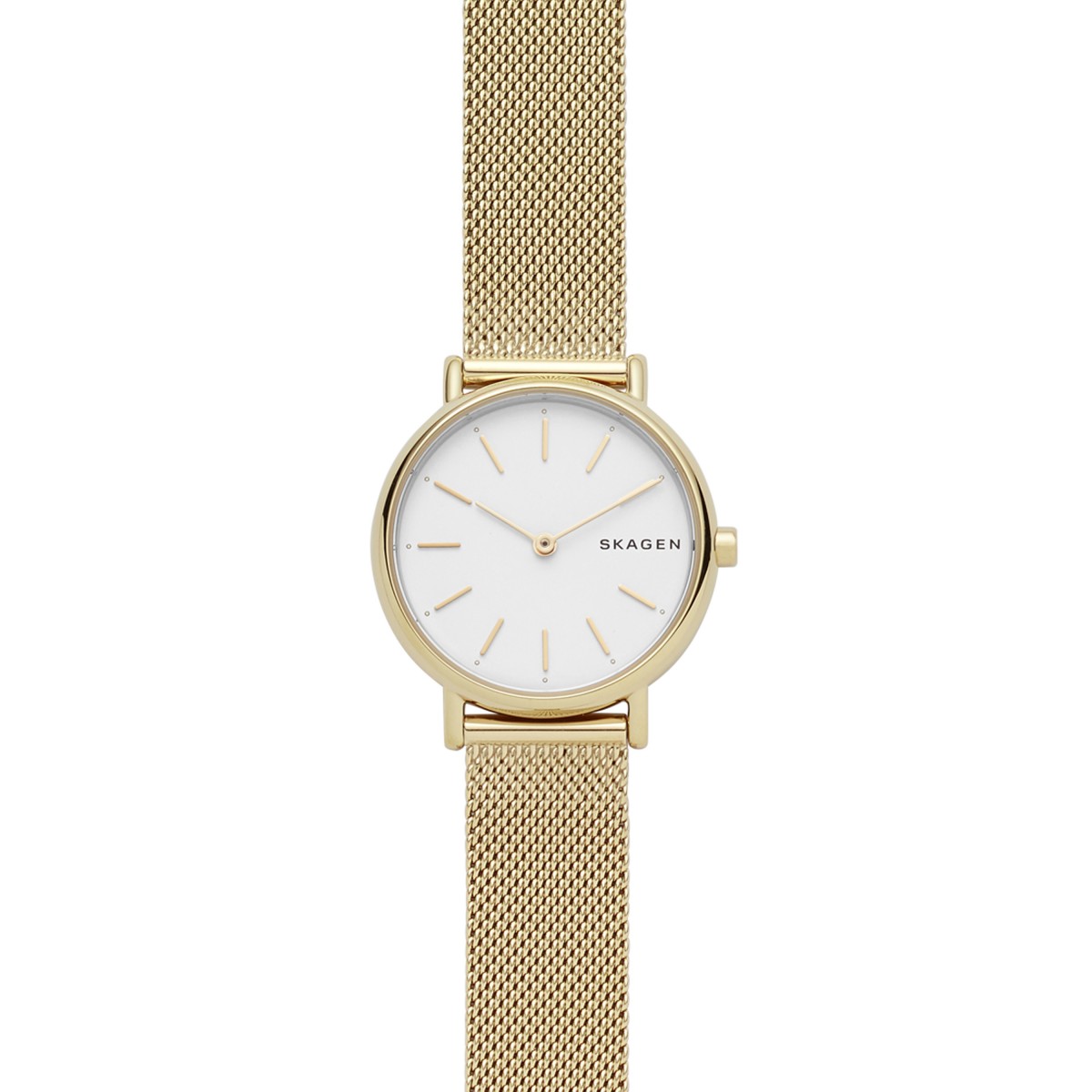 Skagen dames polshorloge uit de collecite: Signature Lillie. Goudkleurige edelstalen kast en band 30 mm met een quartz uurwerk en een witte wijzerplaat. 3 ATM waterdicht.