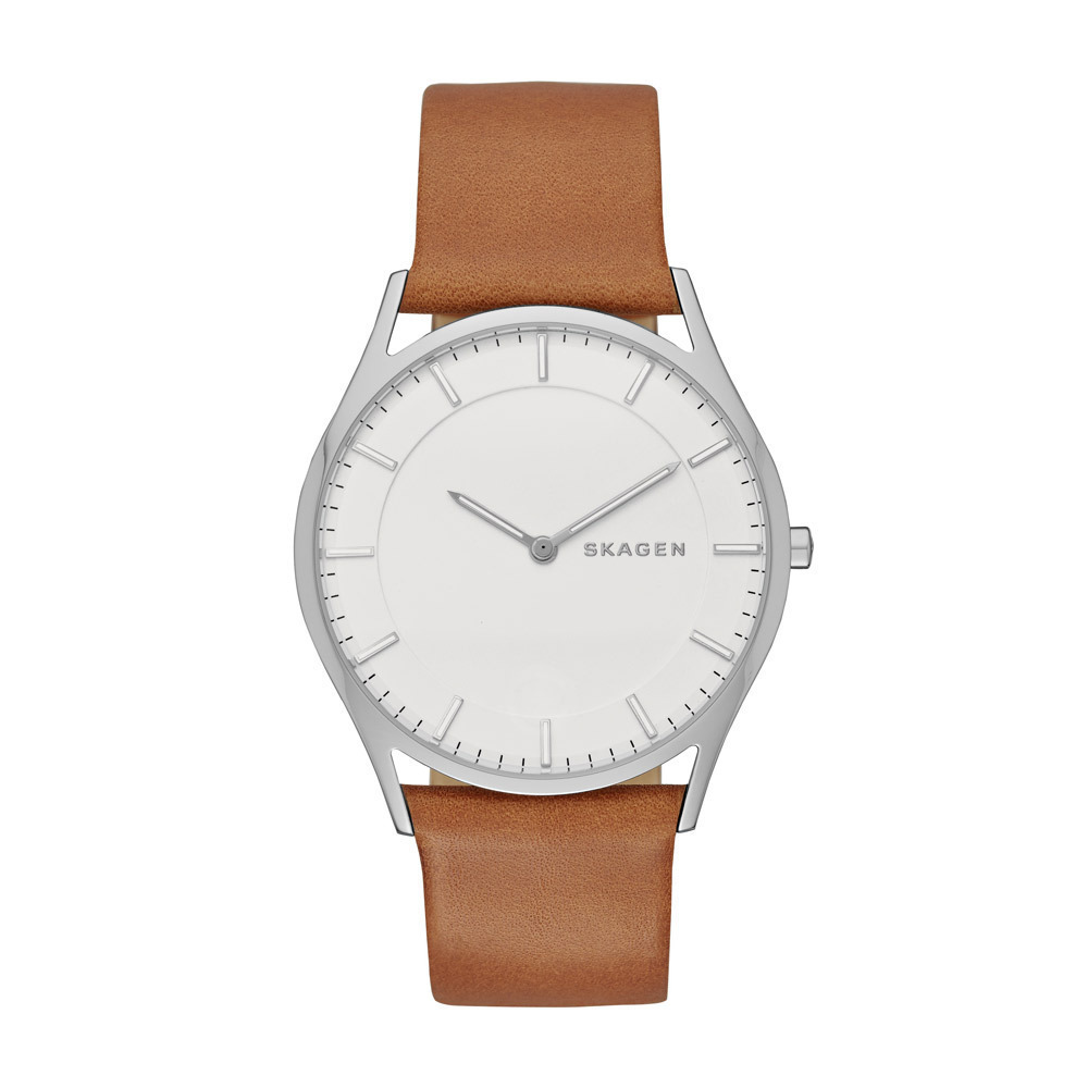 Skagen unisex horloge met witte wijzerplaat en cognac leren band