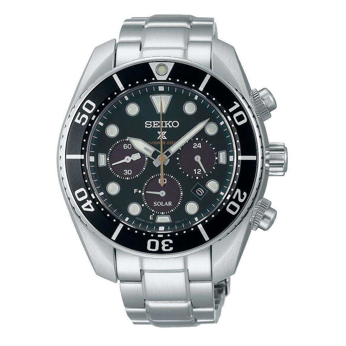 Limited Edition Prospex Solar Chronograaf. Groene Wijzerplaat. Extra Rubberen Band. 200m WR. Saffierglas. Cal. V192. 140th Anniversary Edition