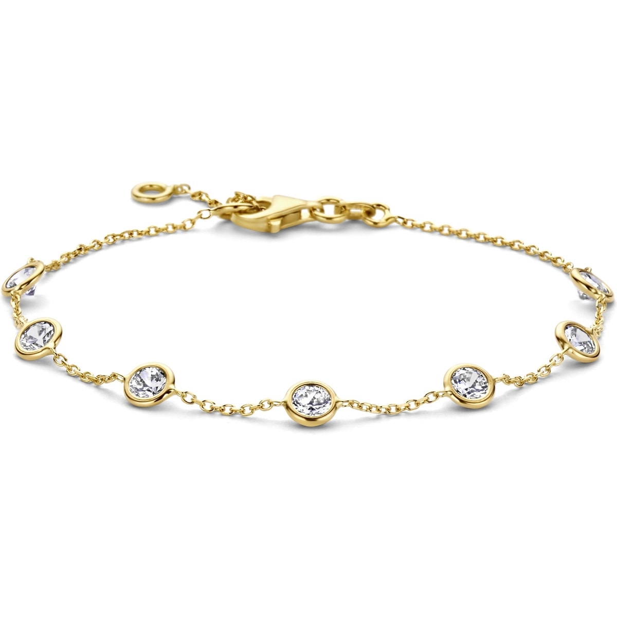 Laat je betoveren door de elegante SWCB10260-Y14 Shine  gouden armband met zirkonia van Swing Jewels. Deze prachtige armband is een ware eyecatcher en voegt een vleugje glamour toe aan elke outfit. De armband is vakkundig vervaardigd van  geelgoud en is bezet met schitterende zirkonia steentjes, die een subtiele sprankeling toevoegen. Een perfecte keuze voor een vrouw die houdt van luxe en verfijning.