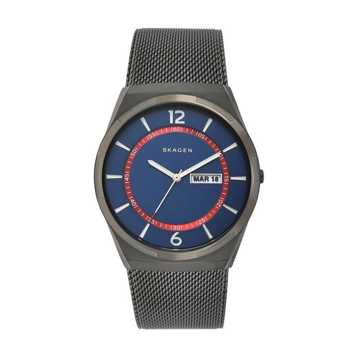 Skagen grey coated herenhorloge met blauwe wijzerplaat met dag en datum