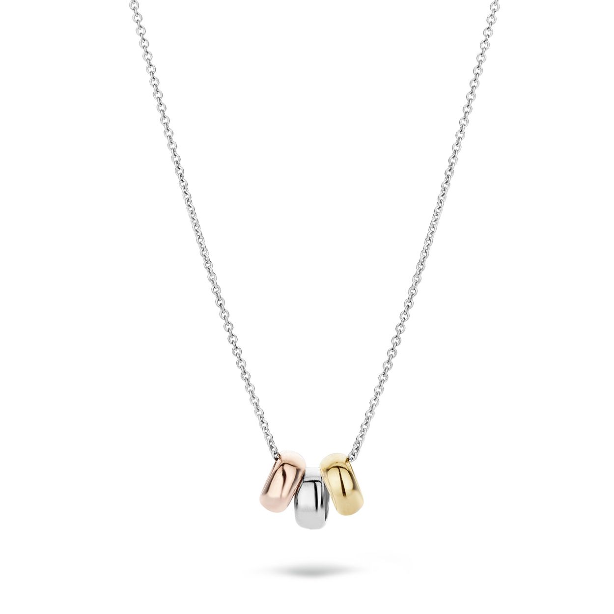 Blush Collier 14k witgoud met ringvormige hangertjes van wit-, geel- en roségoud.