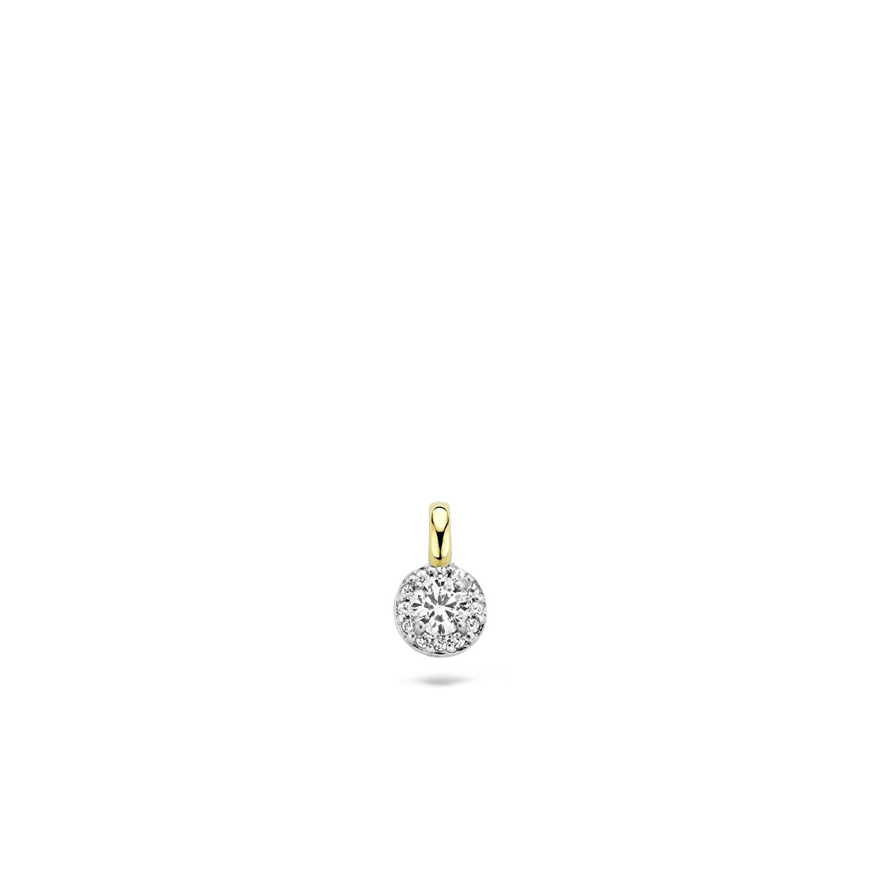 De zetting van deze rozethanger is uitgevoerd in 14 karaats witgoud. Het hangeroog is gemaakt van geelgoud, zodat het hangertje te combineren is met geelgouden kettingen. De diameter van de hanger is 5,5 millimeter en de Zirkonia’s briljant geslepen.