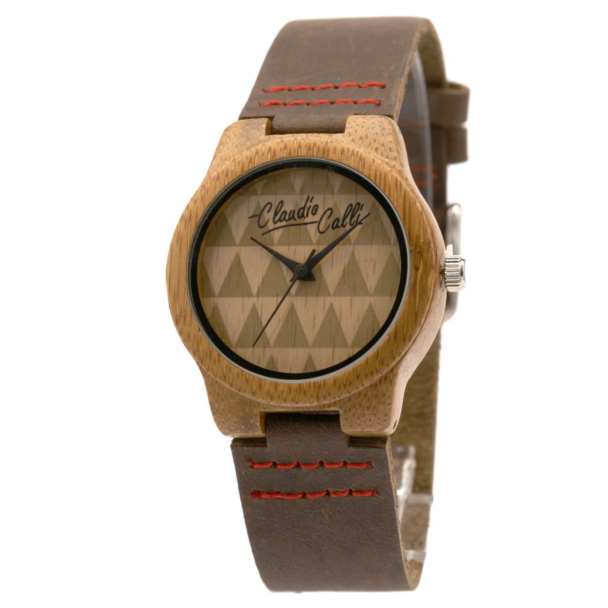 Elegant houten dameshorloge met leren band.