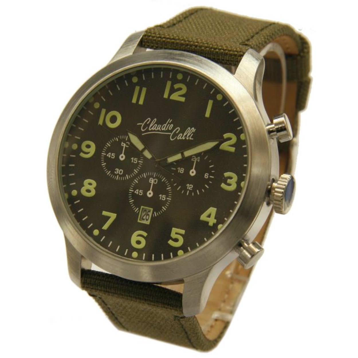 Stoer mannenhorloge van  Claudio Calli. Legergroen.