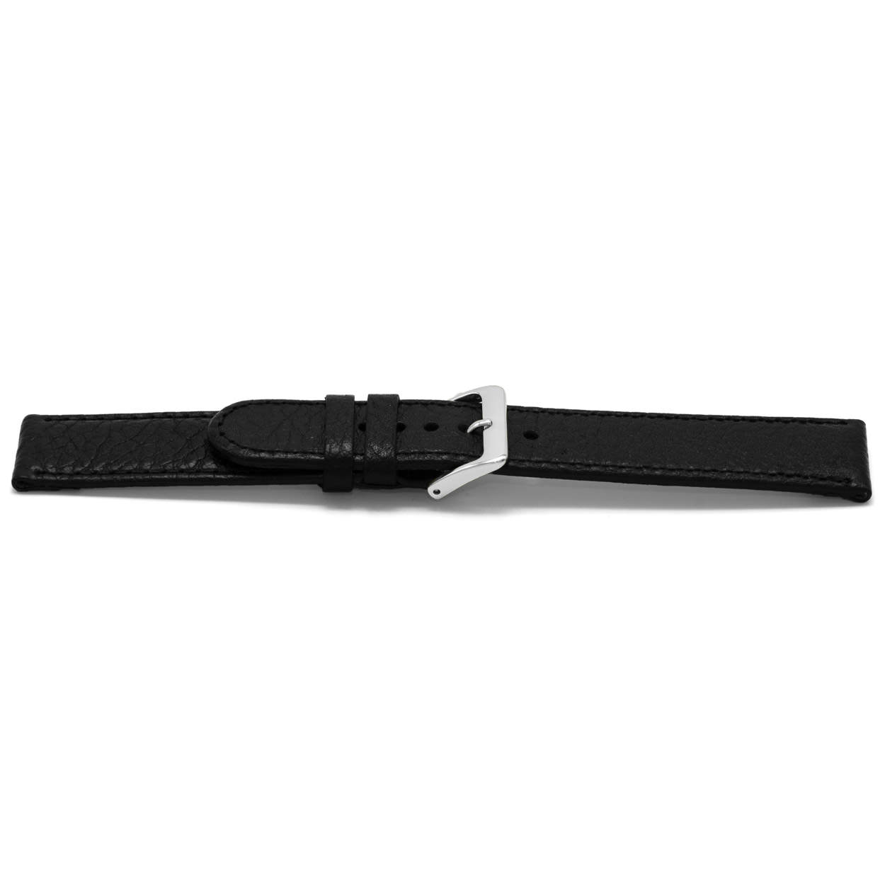 Zwart lederen horlogeband met zilverkleurig edelstalen gesp.
Kleur band: Zwart
Band dikte: 2.5mm
Band lengte: 75/115mm
Band breedte: 20x20mm
Gesp: Edelstaal
Bekleding binnenband: Nubuck
Gestikt: Ja, dezelfde kleur als de band. 
Pushpin: Exclusief
Hypo allergisch: Ja
EAN: 8716667161641