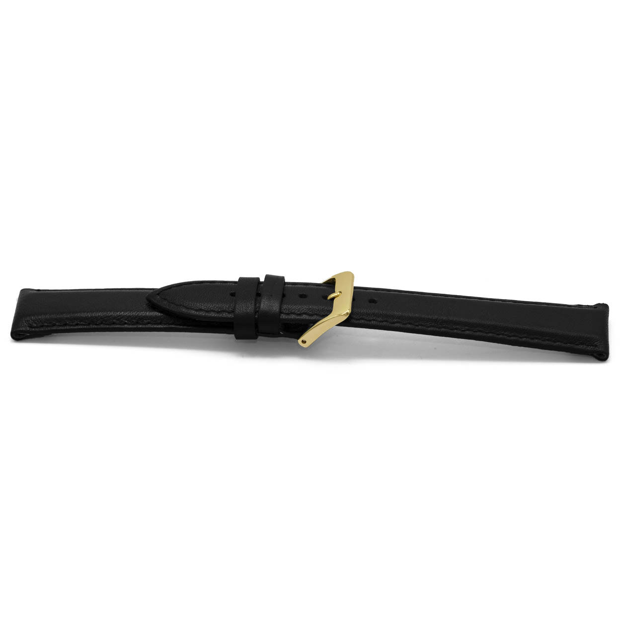 Zwart lederen horlogeband licht gevuld met goudkleurig aluminium gesp.
Kleur band: Zwart
Band dikte: 3.4mm
Band lengte: 70/105mm
Band breedte: 12x10mm
Gesp: Aluminium
Bekleding binnenband: Nubuck
Gestikt: Ja, dezelfde kleur als de band. 
Pushpin: Exclusief
Hypo allergisch: Ja
EAN: 8716667160859