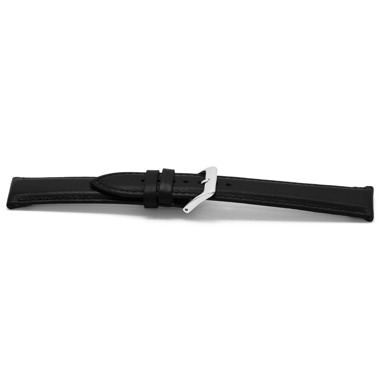 Zwart lederen horlogeband licht gevuld met zilverkleurig edelstalen gesp.
Kleur band: Zwart
Band dikte: 3.8mm
Band lengte: 65/105mm (extra smal)
Band breedte: 12x10mm
Gesp: Stainless steel
Bekleding binnenband: Nubuck
Gestikt: Ja, dezelfde kleur als de band. 
Pushpin: Exclusief
Hypo allergisch: Ja
EAN: 8716667160866