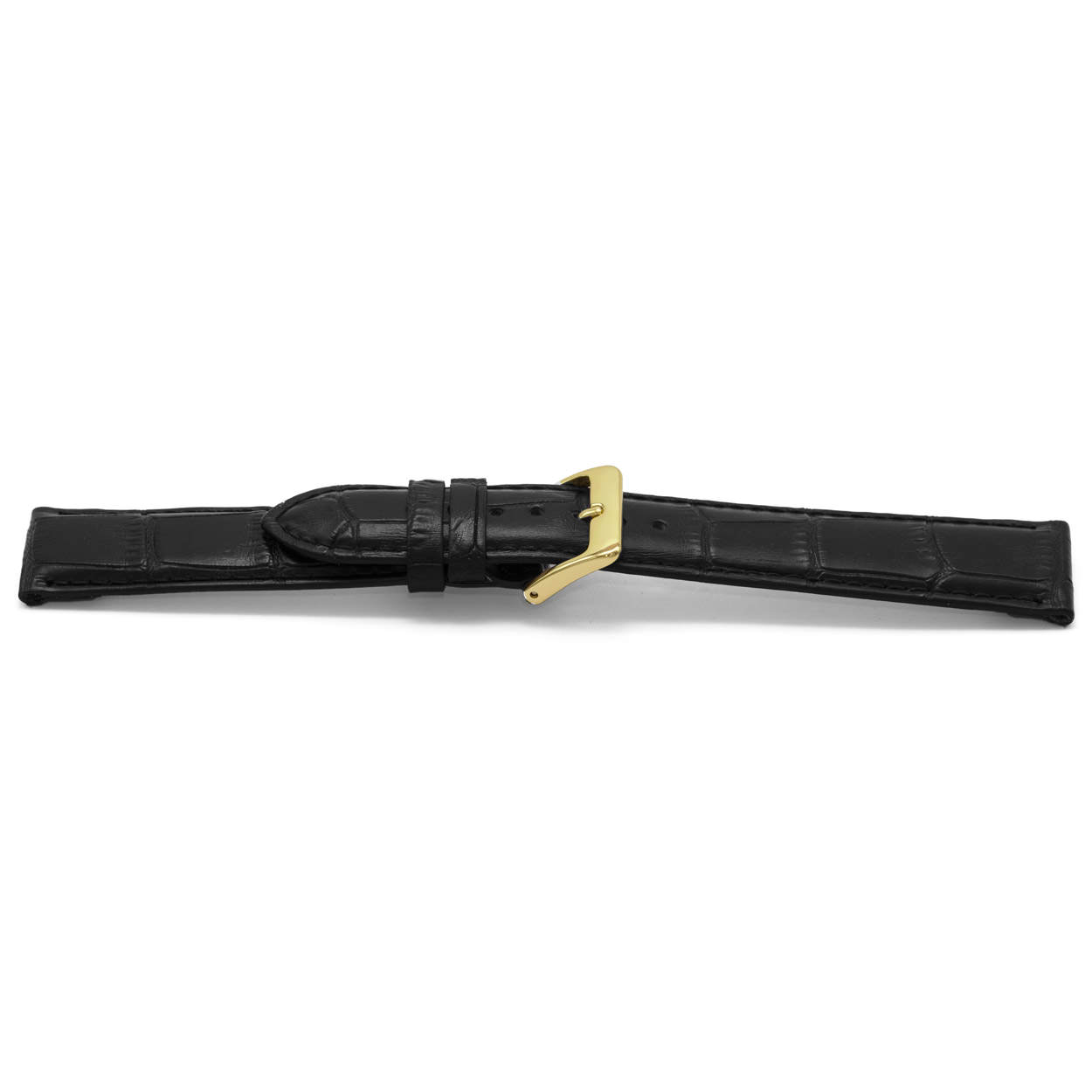Zwart lederen horlogeband met goudkleurig edelstalen gesp.
Kleur band: Zwart
Band dikte: 3.6mm
Band lengte: 75/115mm
Band breedte: 20x18mm
Gesp: Edelstaal IPG
Bekleding binnenband: Nubuck
Gestikt: Ja, dezelfde kleur als de band. 
Pushpin: Exclusief
Hypo allergisch: Ja
EAN: 8716667161177
