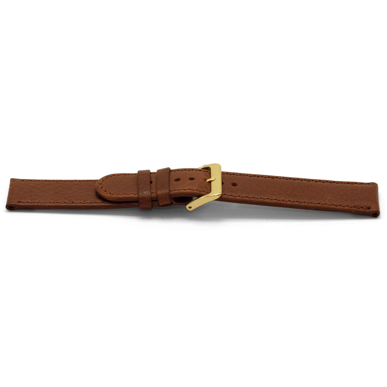 Bruin lederen horlogeband met goudkleurig aluminium gesp.
Kleur band: Bruin
Band dikte: 2.5mm
Band lengte: 75/115mm
Band breedte: 22x22mm
Gesp: Aluminium Goud
Bekleding binnenband: Nubuck
Gestikt: Ja, dezelfde kleur als de band. 
Pushpin: Exclusief
Hypo allergisch: Ja