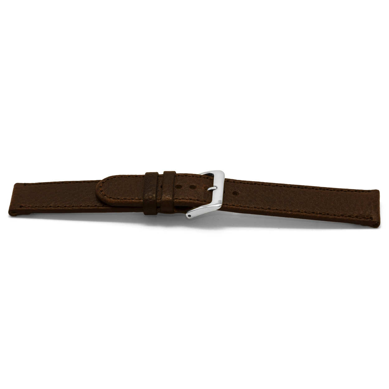 Bruin lederen horlogeband met zilverkleurig edelstalen gesp.
Kleur band: Bruin
Band dikte: 2.5mm
Band lengte: 75/115mm
Band breedte: 22x22mm
Gesp: Stainless steel
Bekleding binnenband: Nubuck
Gestikt: Ja, dezelfde kleur als de band. 
Pushpin: Exclusief
Hypo allergisch: Ja
EAN: 8716667161849