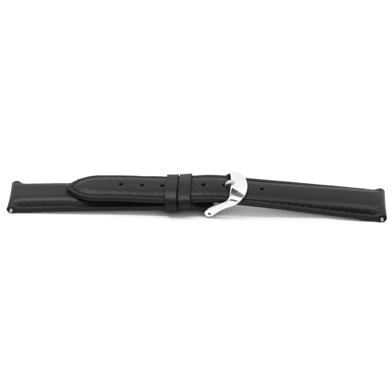 Italiaans lederen horlogeband zwart, extra lang, glad en gestikt.
Kleur band: Zwart
Band dikte: 4.8 -3.0mm
Band lengte: 85/135mm
Band breedte: 20x18mm
Gesp: Edelstaal 
Bekleding binnenband: Nubuck
Gestikt: Ja, zwart
Pushpin: Inclusief
Waterproef: Nee
NFC Chip: Nee
Hypo-allergeen: Ja
EAN: 4780258634504