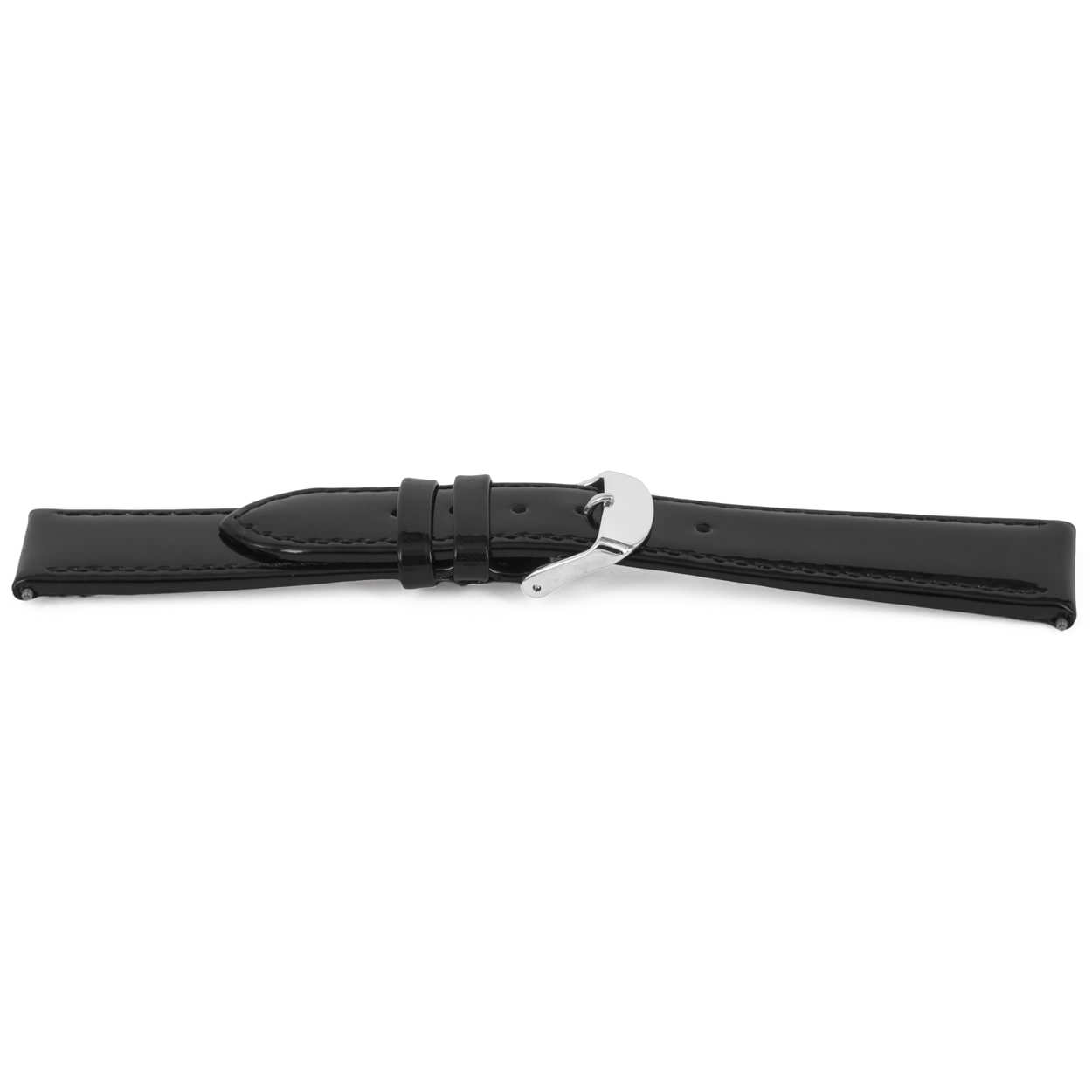 Kalfs lederen horlogeband, zwart, lak en gestikt. 
Kleur band: Zwart 
Band dikte: 4.3-2.6mm
Band lengte: 75/120mm
Band breedte: 20x18mm
Gesp: All Stainless Steel
Bekleding binnenband: Nubuck
Gestikt: Ja, zwart
Pushpin: Inclusief
Hypo allergisch: Ja
NFC Chip: Nee
EAN: 4785863609510