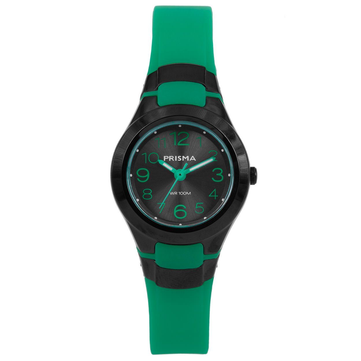 Prisma horloge CW.336 jongens/meisjes Sport kunststof 10 ATM 

Algemeen
Geslacht: jongens/meisjes
Model: CW.336

Voordelen
- band plastic/silicone groen
- wijzerplaat zwart met groene cijfers (arabisch)
- boven gem. waterdicht: zwemmen/duiken
- wijzers lichten op in donker
- duidelijke tijdsweergave
- quartz
- maat kast 27mm (breedte) 11mm (dikte)