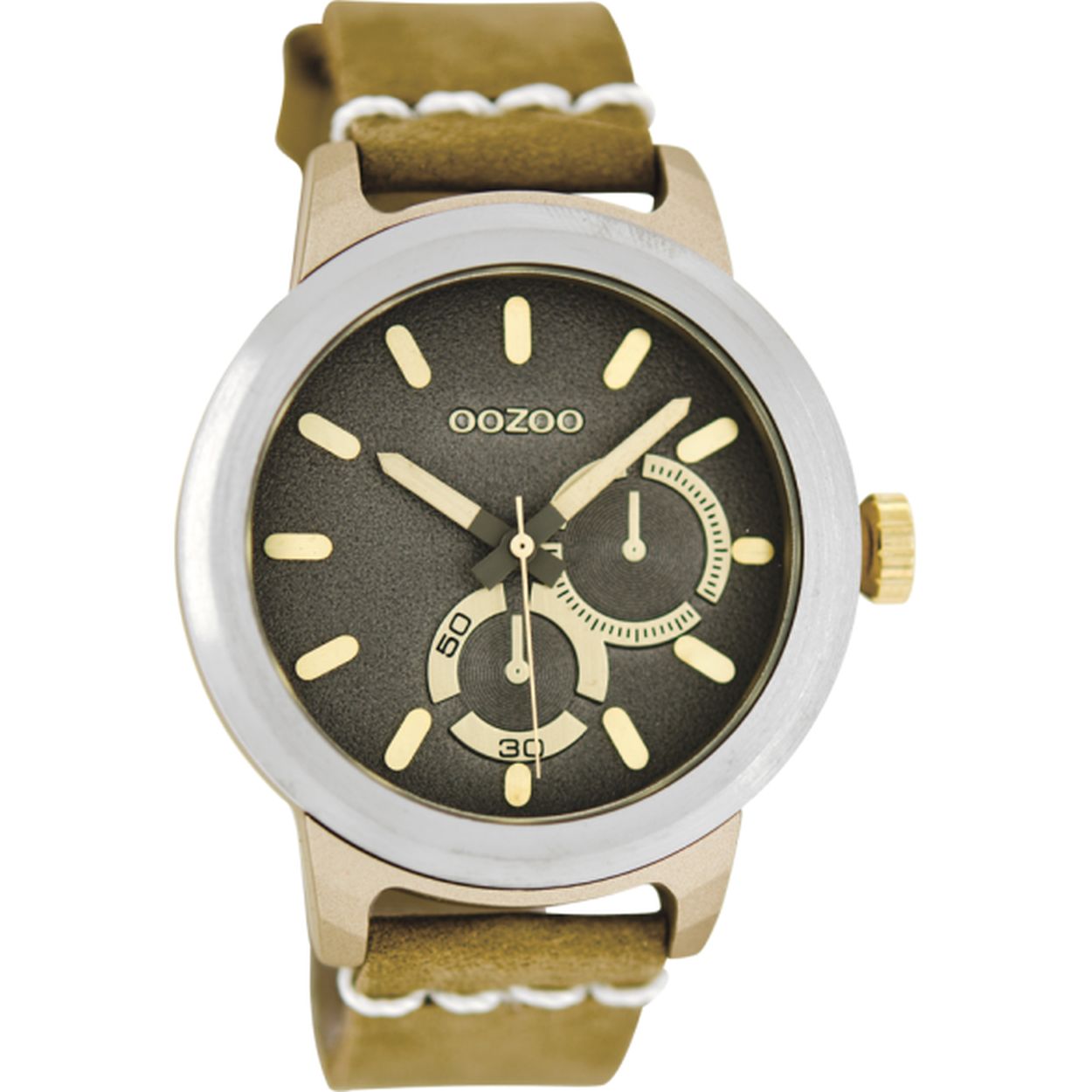 Trendy vormgegeven HORLOGE uit de OOZOO collectie. Het horloge is voorzien van een ZILVERKEURIGE stalen kast met een afmeting van 40 mm met grijze wijzerplaat met koperkleurige wijzers. De taupe lederen horlogeband sluit door middel van een gespsluiting.