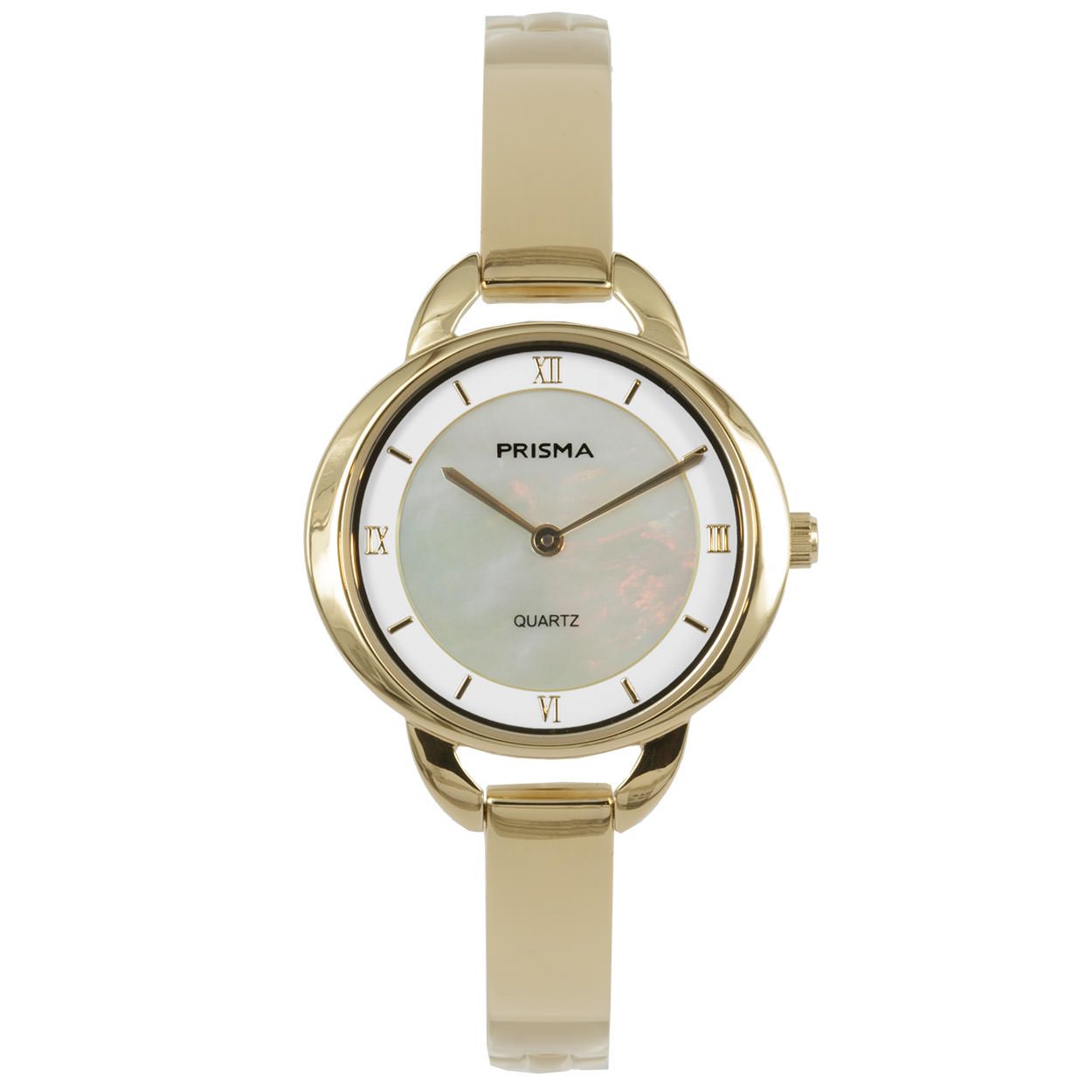 Prisma horloge P.1467 dames edelstaal 5 ATM 

Algemeen
Geslacht: dames
Model: P.1467

Voordelen
- band edelstaal goudkleurig
- wijzerplaat parelmoer met goudkleurige romeinse cijfers
- luxueuze uitstraling door romeinse cijfers
- ovaal design
- spat waterdicht: handenwassen, regen
- quartz
- maat kast 30mm (breedte) 6,1mm (dikte)