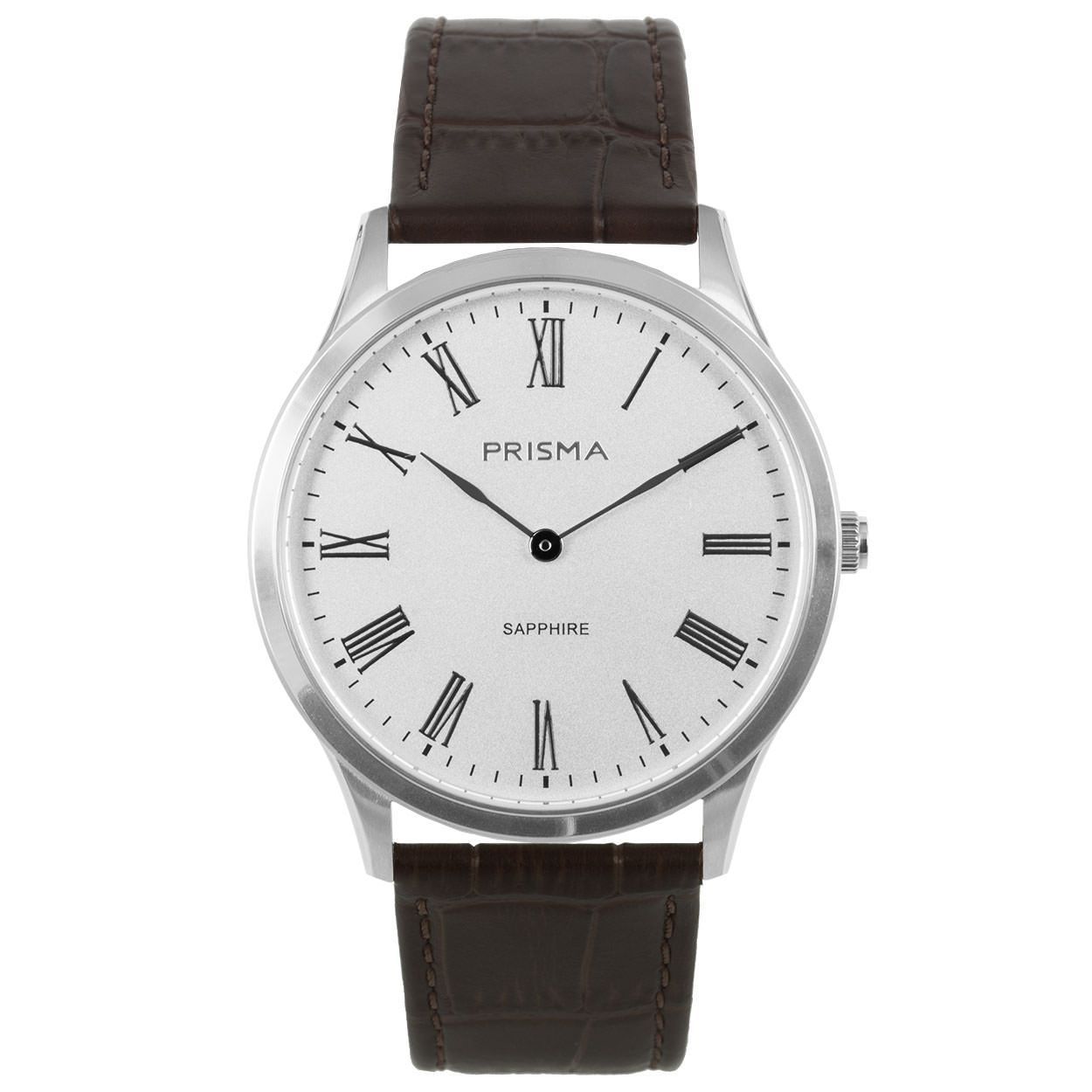 Prisma horloge P.1886 heren edelstaal saffierglas 

Algemeen
Geslacht: heren
Model: P.1886

Voordelen
- band echt leer bruin (bruin kleurig stiksel)
- wijzerplaat zilver met zwarte cijfers (arabisch)
- glas is zeer krasvast
- slimline model (minder dan 7 mm dik)
- ook voor brede pols (max. 228 mm)
- duidelijke tijdsweergave
- spat waterdicht: handenwassen, regen
- quartz
- maat kast 42mm (breedte) 5,8mm (dikte)