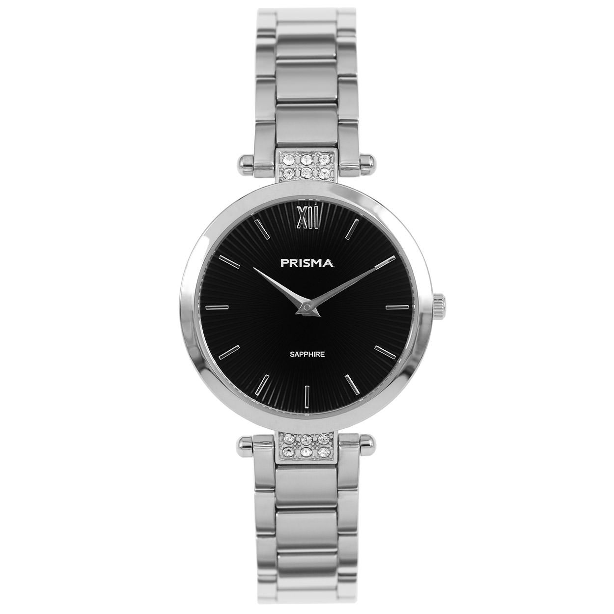 Prisma horloge 1976 dames edelstaal saffierglas 5 ATM 

- band edelstaal zilver
- wijzerplaat zwart met zilvere streepjes
- glas is zeer krasvast
- compacte sluiting met extra draagcomfort
- spat waterdicht: handenwassen, regen
- quartz
- maat kast 28mm (breedte) 6,6mm (dikte)