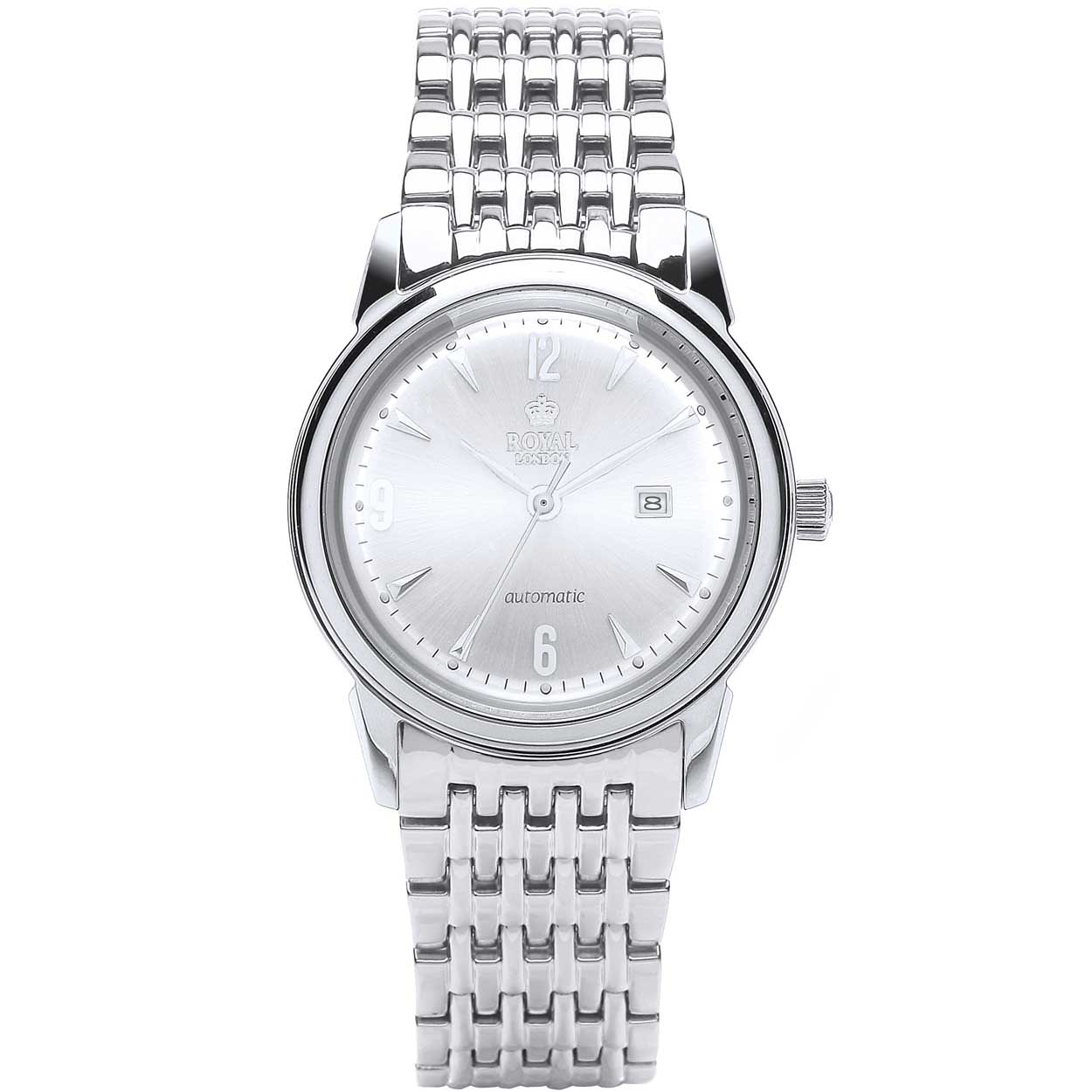Elegant polshorloge van Royal London volledig van zilverkleurig edelstaal. Automatisch uurwerk.