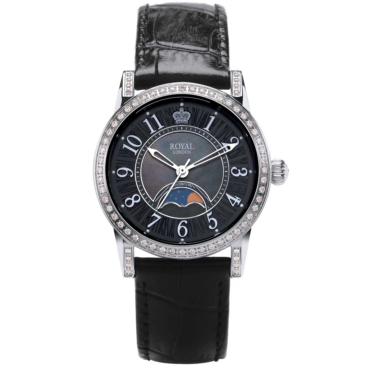 Klassiek dameshorloge van Royal London met moonfase. Rand is ingelegd met siersteentjes.