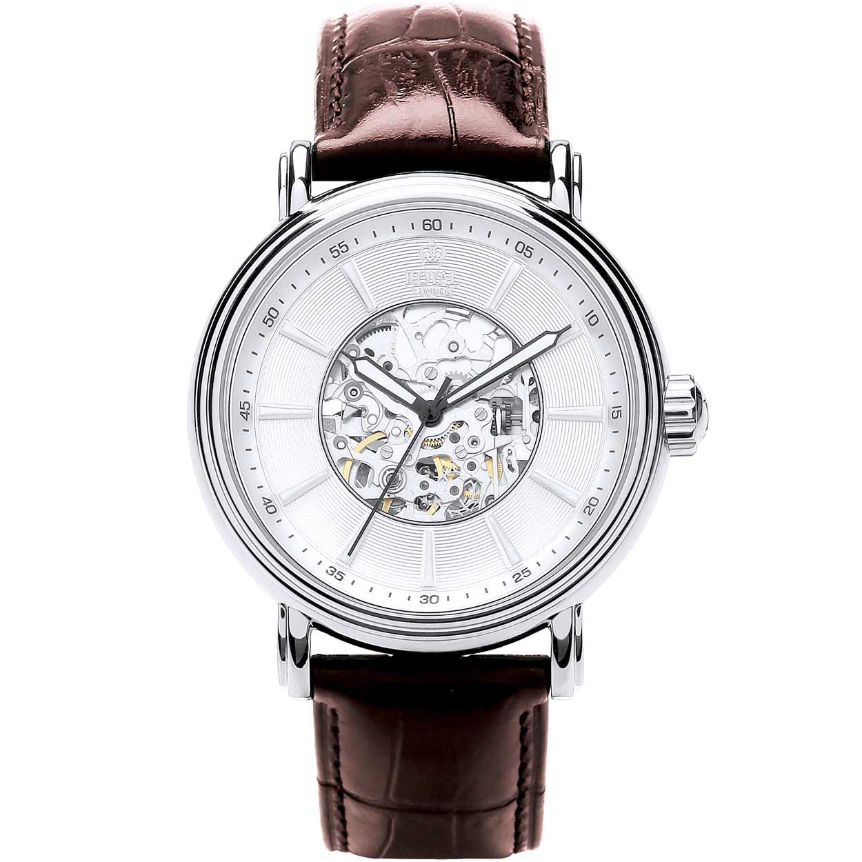 Klassiek herenhorloge van Royal London. Skeleton geeft gedeeltelijk zicht op automatisch uurwerk.