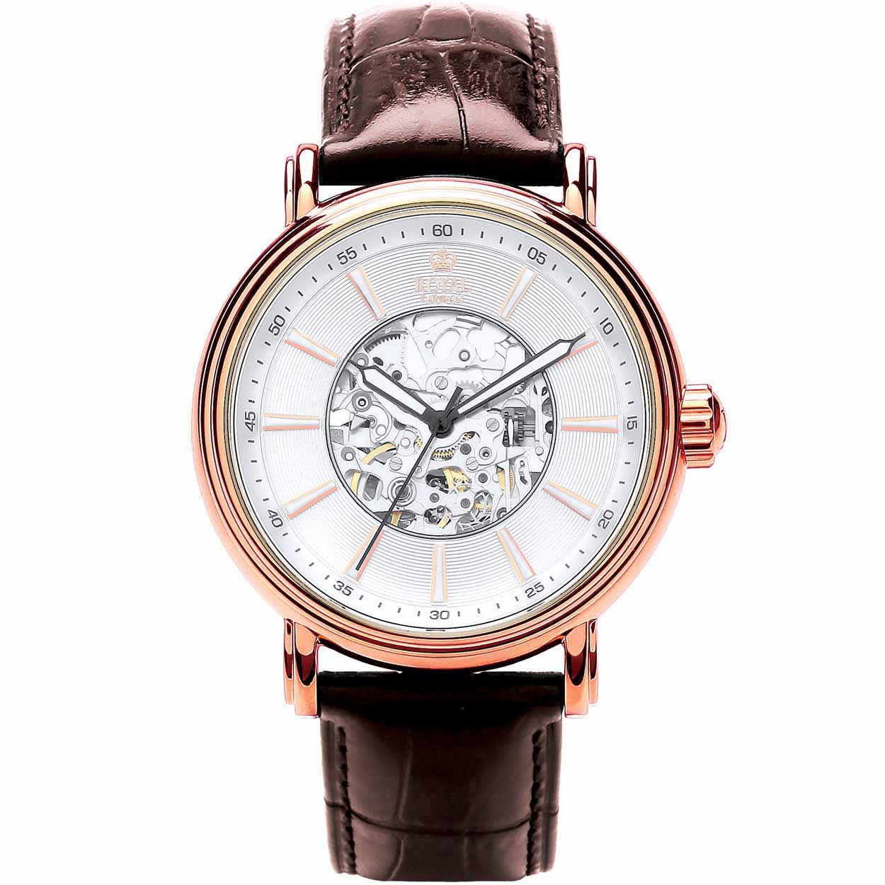 Klassiek skeleton herenhorloge van Royal London met gedeeltelijk zicht op automatisch uurwerk.