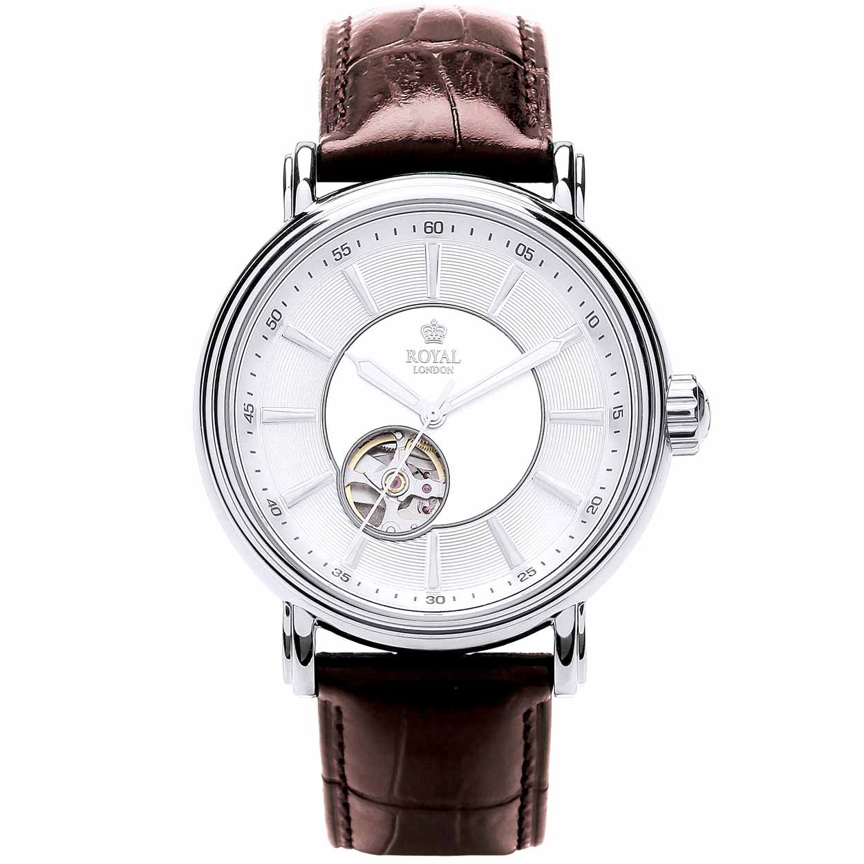 Elegant herenhorloge van Royal London met open hart. Automatisch uurwerk is gedeeltelijk zichtbaar.