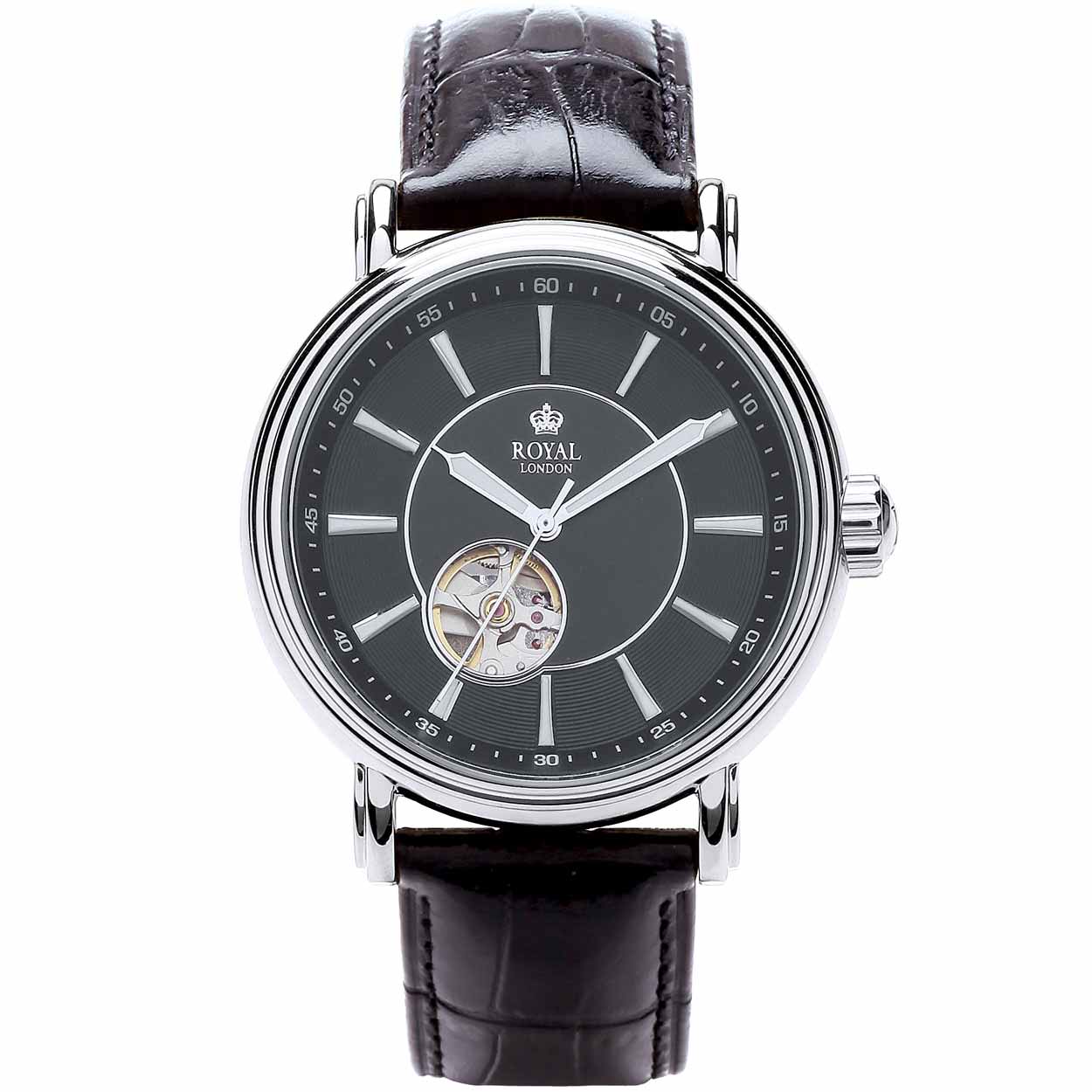 Elegant herenhorloge van Royal London met open hart. Gedeeltelijk zicht op automatisch uurwerk.