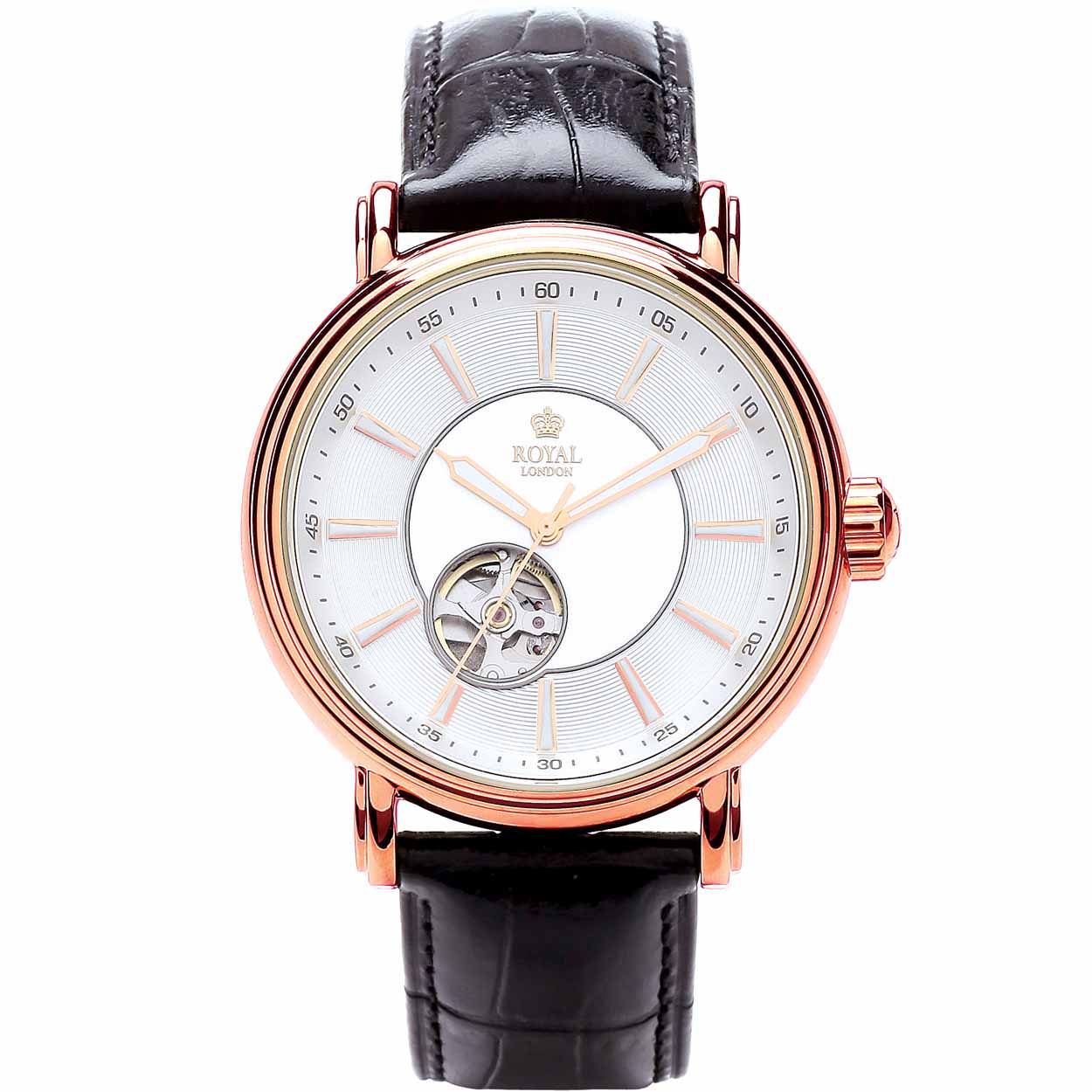 Elegant herenhorloge met open hart van Royal London. Het automatische uurwerk is gedeeltelijk zichtbaar.