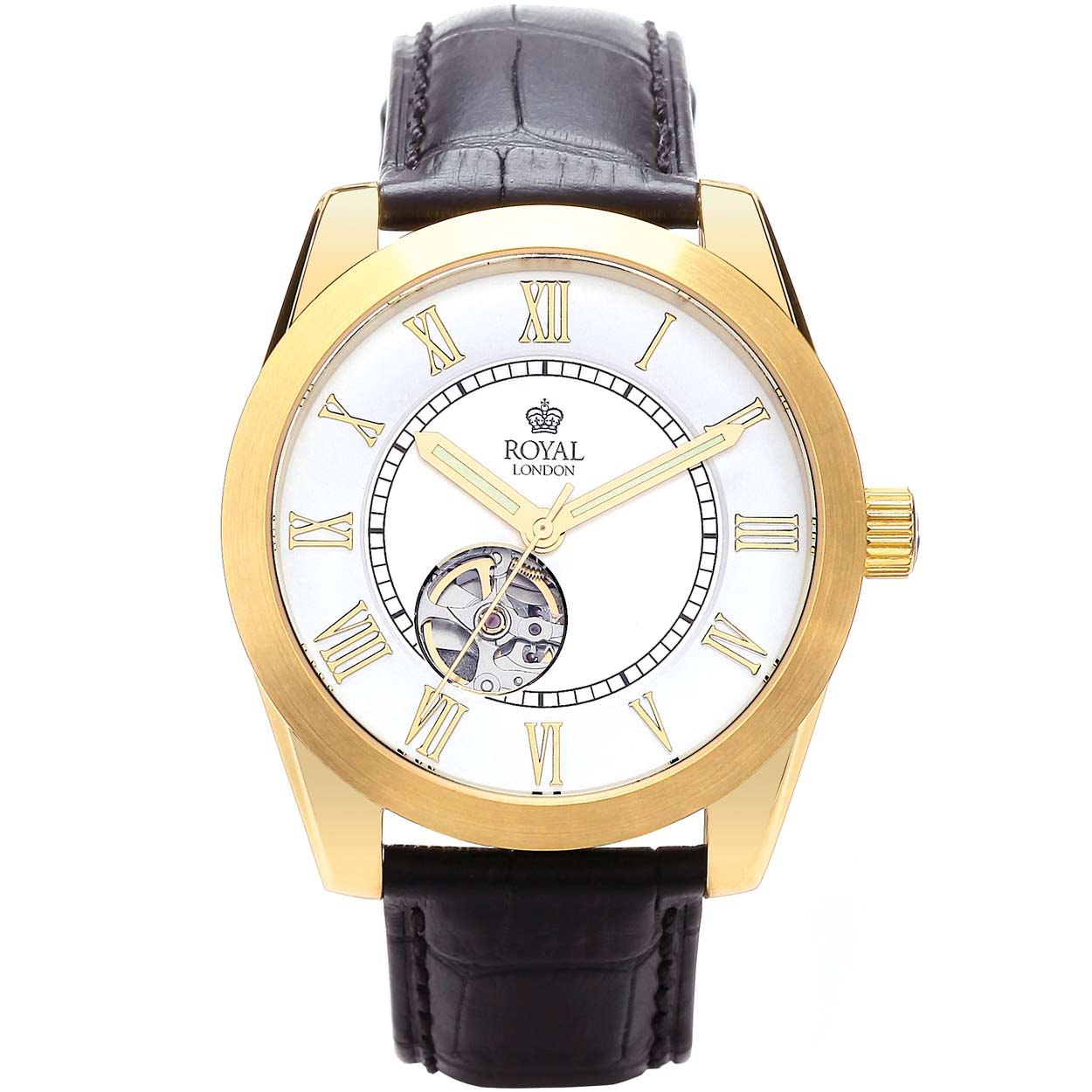 Elegant herenhorloge van Royal London. Het open hart geeft zicht op een gedeelte van het automatische uurwerk. De kast is edelstaal met een PVD goudkleurige coating.