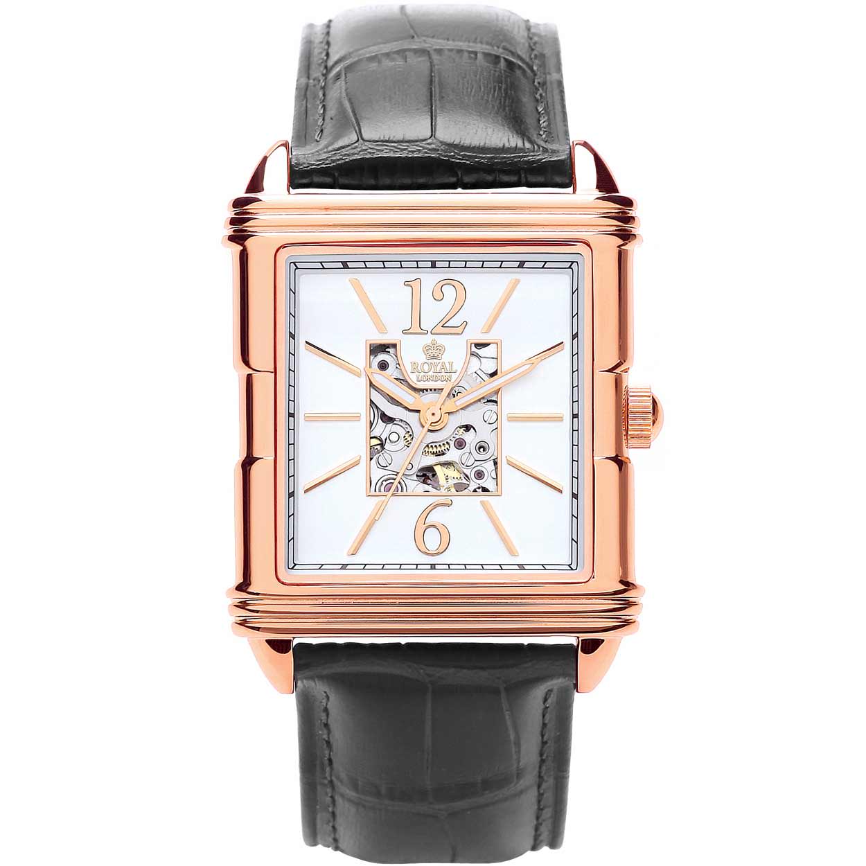 Elegant herenhorloge van Royal London. De opengewerkte wijzerplaat geeft zicht op het automatische uurwerk.