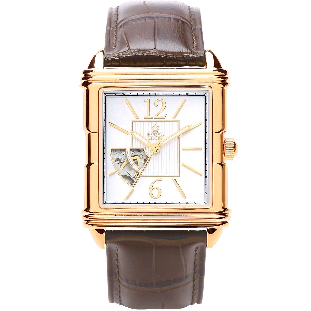 Klassiek vierkant mannenhorloge met open hart zodat het automatische uurwerk gedeeltelijk te zien is.