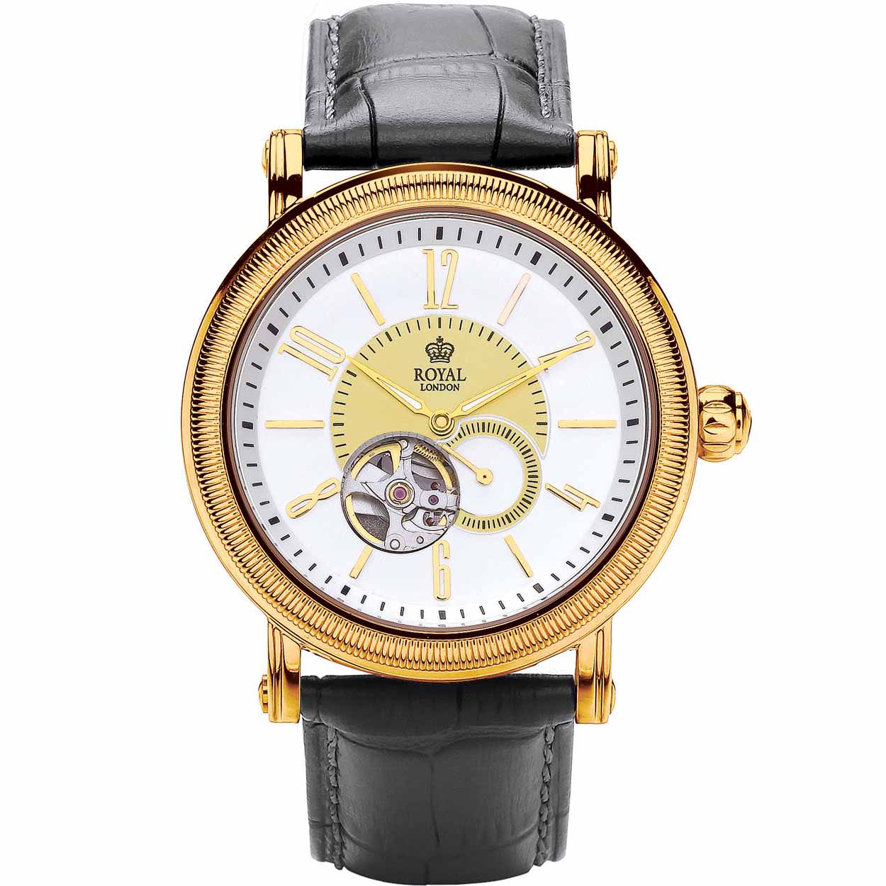 Elegant herenhorloge van Royal London. Open hart met zicht op een gedeelte van het automatische uurwerk.