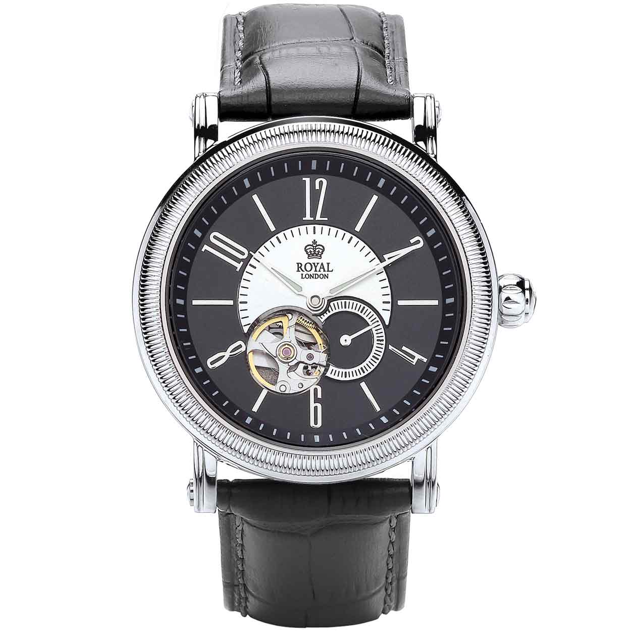 Elegant herenhorloge van Royal London met open hart. Automatisch uurwerk gedeeltelijk zichtbaar.