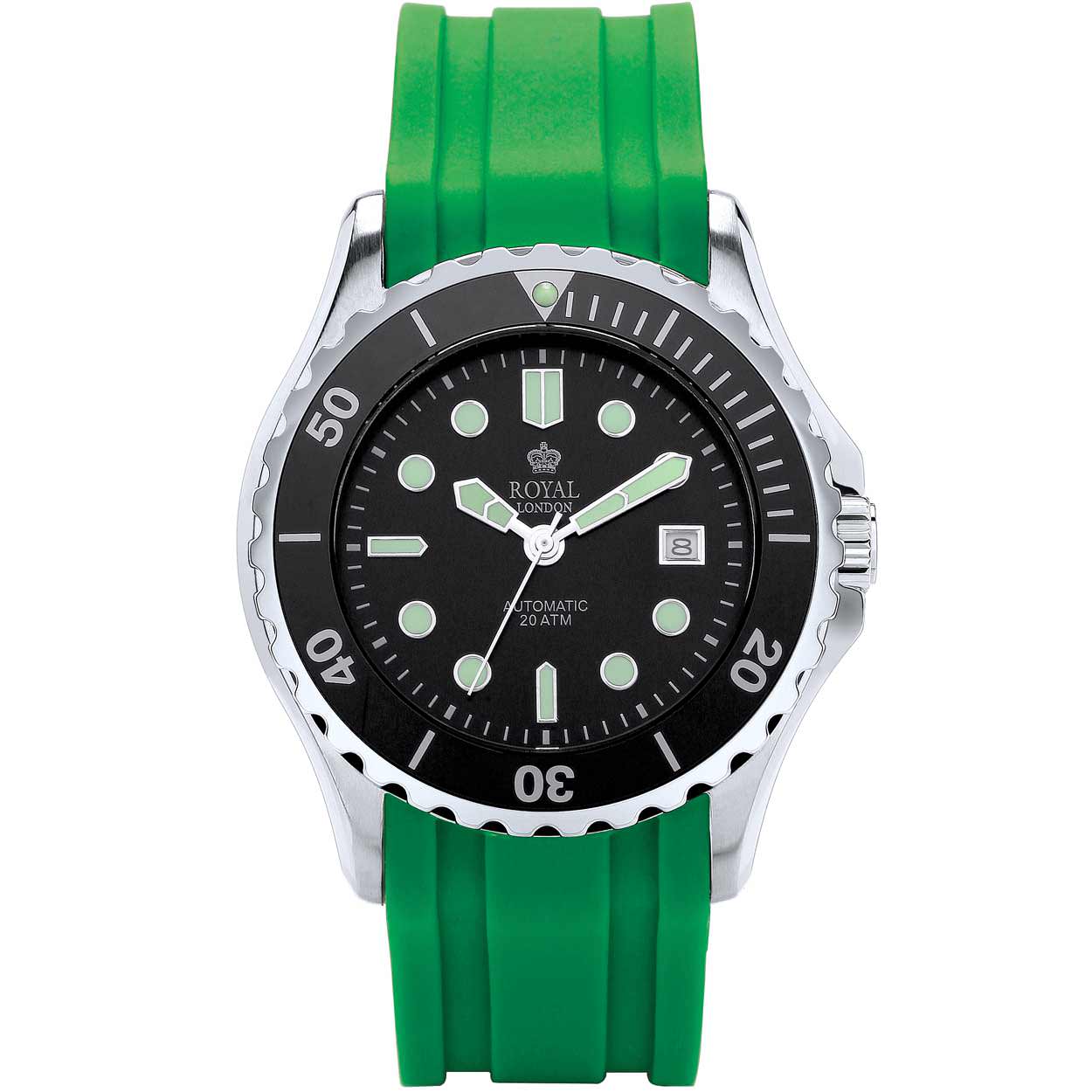 Stoer Royal London duikhorloge met automatisch uurwerk en siliconen band in vrolijke kleur.