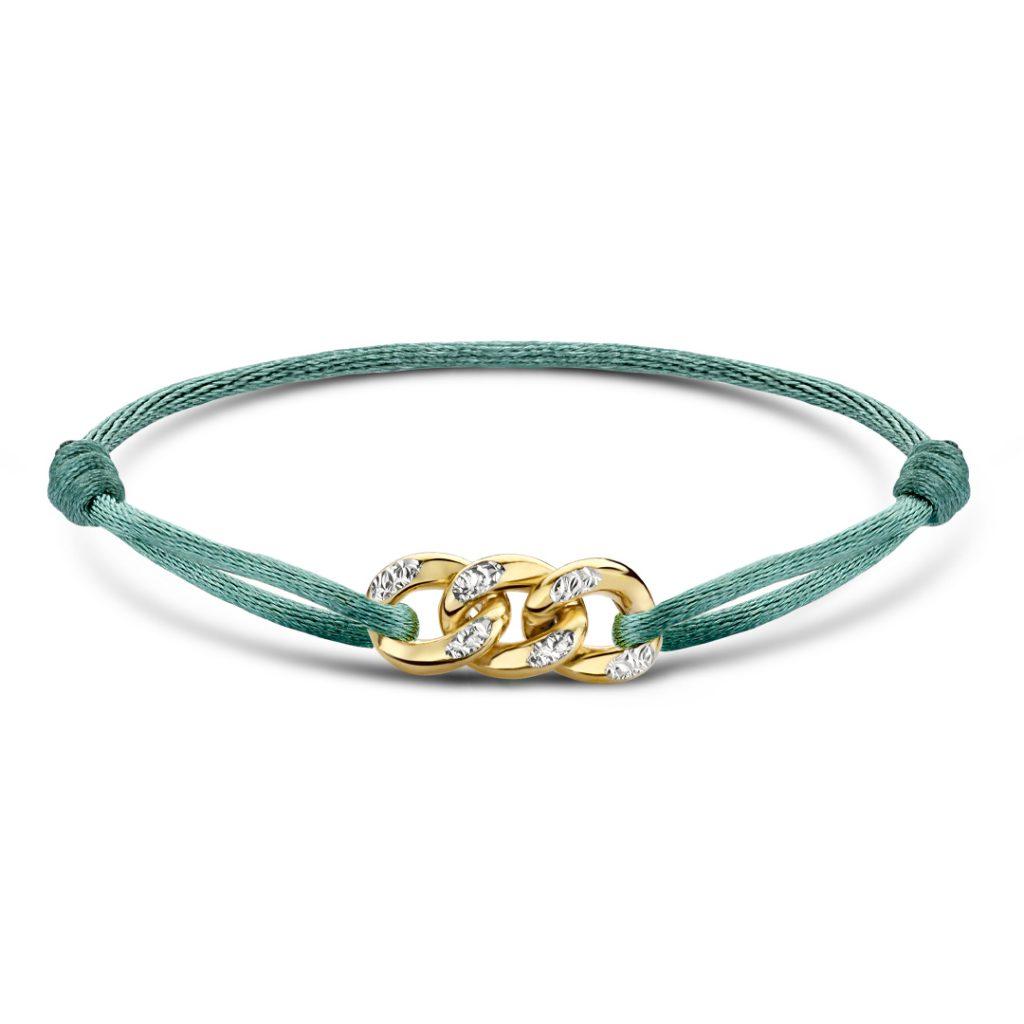 de Minitials Drie Unchained Satijn V2 Armband heeft drie schakels in 18 karaat geel goud of rose goud met een touch witgoud