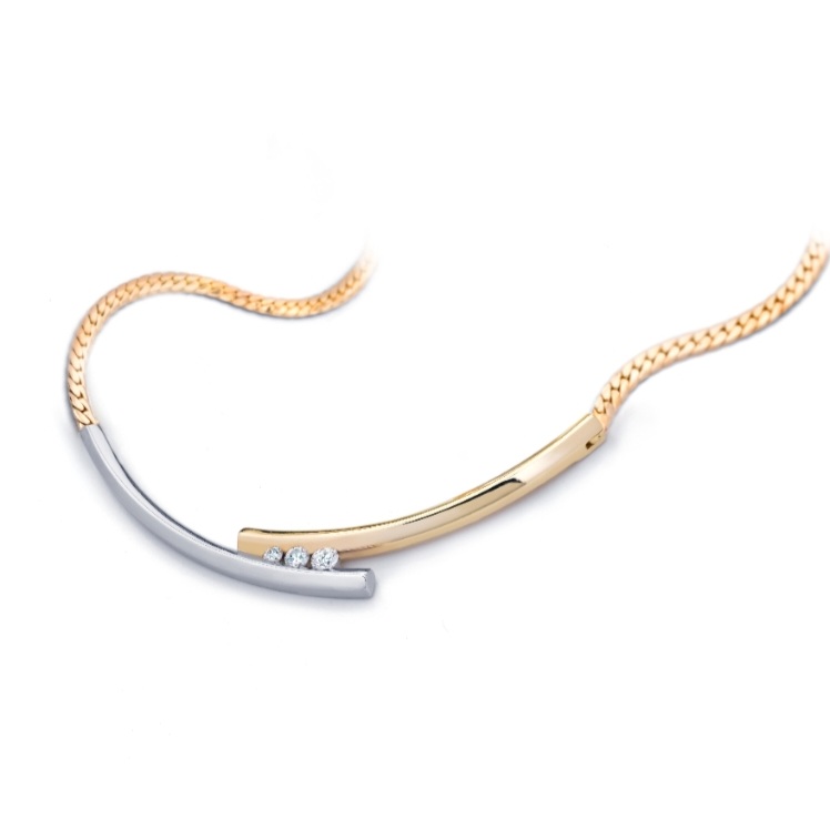 Choker Penelope Plus 14kts goud platgourmet collier met briljant 3 steens 0,12crt si/river
