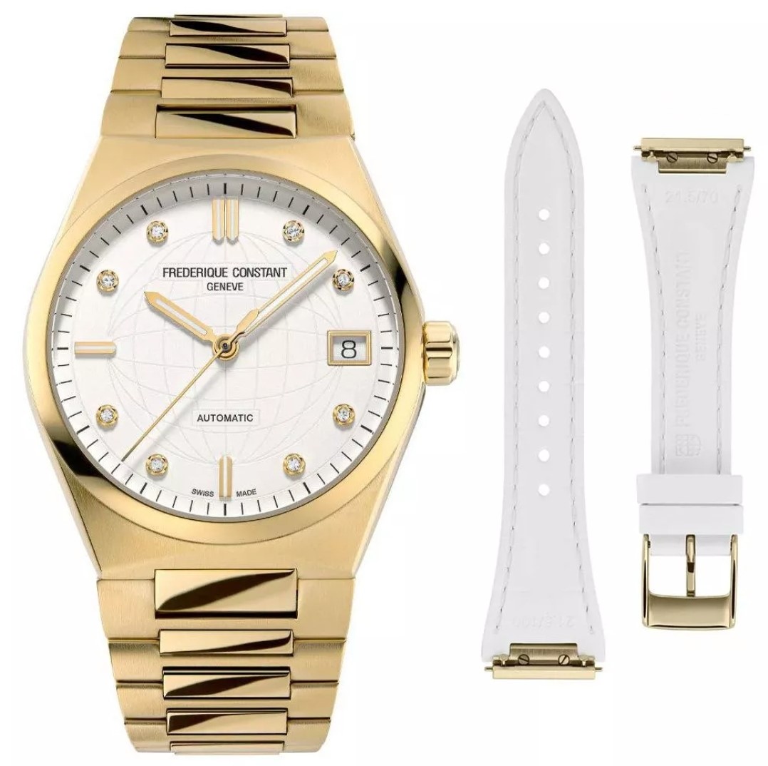Dit Frederique Constant Highlife dameshorloge is bekend onder Frederique Constant-referentienummer FC-303VD2NH5B. Het horloge heeft een mechanisch uurwerk met automatische opwindfunctie dat geplaatst is in een edelstalen kast. Op de witte wijzerplaat is analoge tijdsweergave zichtbaar. Aan de kast zit een goudkleurige stalen horlogeband met een vouwsluiting.

Het mechanisch uurwerk met automatische opwindfunctie biedt u datum-aanduiding als tijdfunctie(s). De ronde horlogekast is 50m waterdicht en voorzien van een saffierglas