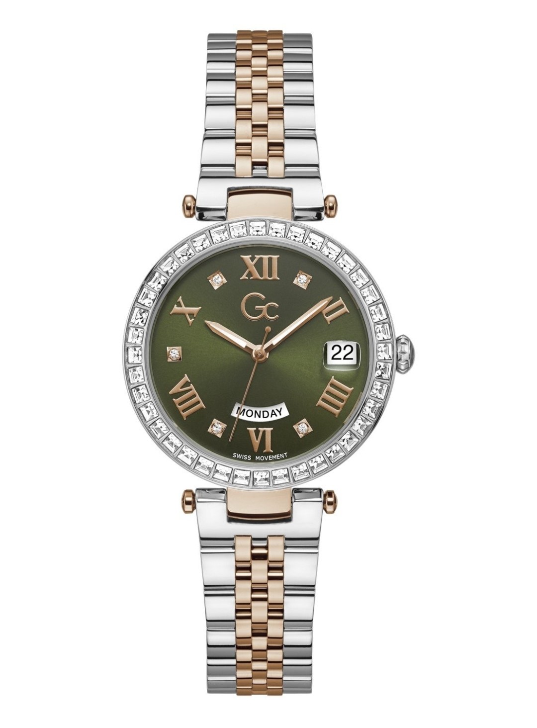 Dit schitterende en stoere 2-tone dameshorloge uit de Gc Flair serie is een echte fashion statement. De lunet van dit modieuze model is ingelegd met prachitge kristallen. De elegantie komt naar voren door de groene wijzerplaat, zowel de roségoudkleurige wijzers als indexen zijn voorzien van een Super-LumiNova. De 2-tone band sluit middels een vlindersluiting geeft dit horloge een stoere touch. Het horloge is 10 ATM waterbestendig.