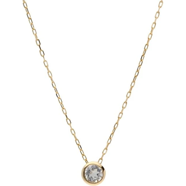 De SWBN01APR-Y gouden geboortesteen ketting april bergkristal van Swing Jewels is een schitterend sieraad dat elegantie en stijl uitstraalt. Deze prachtige ketting met hanger is perfect voor de moderne vrouw die houdt van tijdloze schoonheid met een sprankelende twist. Met een lengte van 41,5 cm - 45 cm en een subtiele hanger van 5 mm is dit sieraad een verfijnde toevoeging aan elke outfit. De ketting is gemaakt van  geelgoud en is voorzien van een transparante bergkristal, wat zorgt voor een oogverblindende glans.