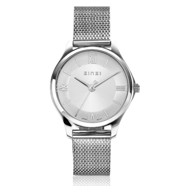 De Classy Mini watch is het nieuwste stijlvolle dameshorloge van Zinzi in een subtiel formaat van 30mm. Voorzien van een zilverkleurige 'sunray' wijzerplaat met Romeinse cijfers en een stalen mesh band. Natuurlijk met de bekende Zinzi touch ontworpen: het extra dunne Japanse uurwerk en de ronde stalen zilvergekleurde kast (30mm) zorgen voor een classy maar fashionable look. Leuk detail: de seconde wijzer met een subtiel hartje. Ook 5atm waterbestendig (tegen regen en spatwater) en met sterk mineraal glas. Want kwaliteit staat bij Zinzi voorop.