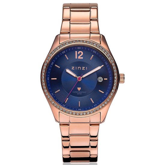 Zinzi rosé horloge met donkerblauwe wijzerplaat en zirconia lunet