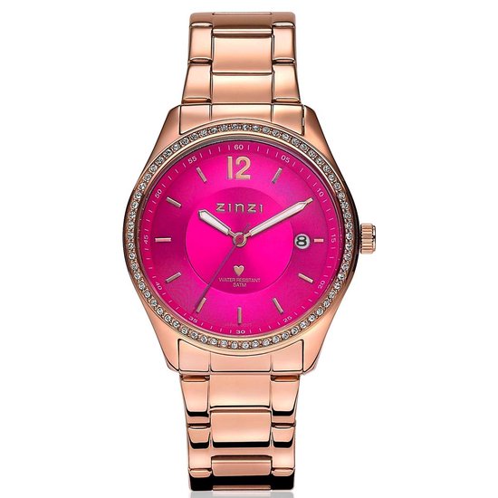 Zinzi rosé horloge met fuchsie wijzerplaat met zirconia lunet
