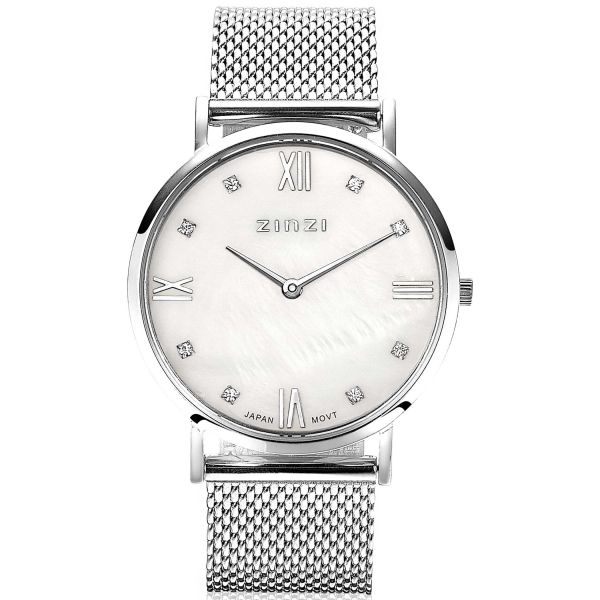 zinzi stalen roman horloge met parelmoer wijzerplaat met zirconia en gratis zilveren armband cadeau!